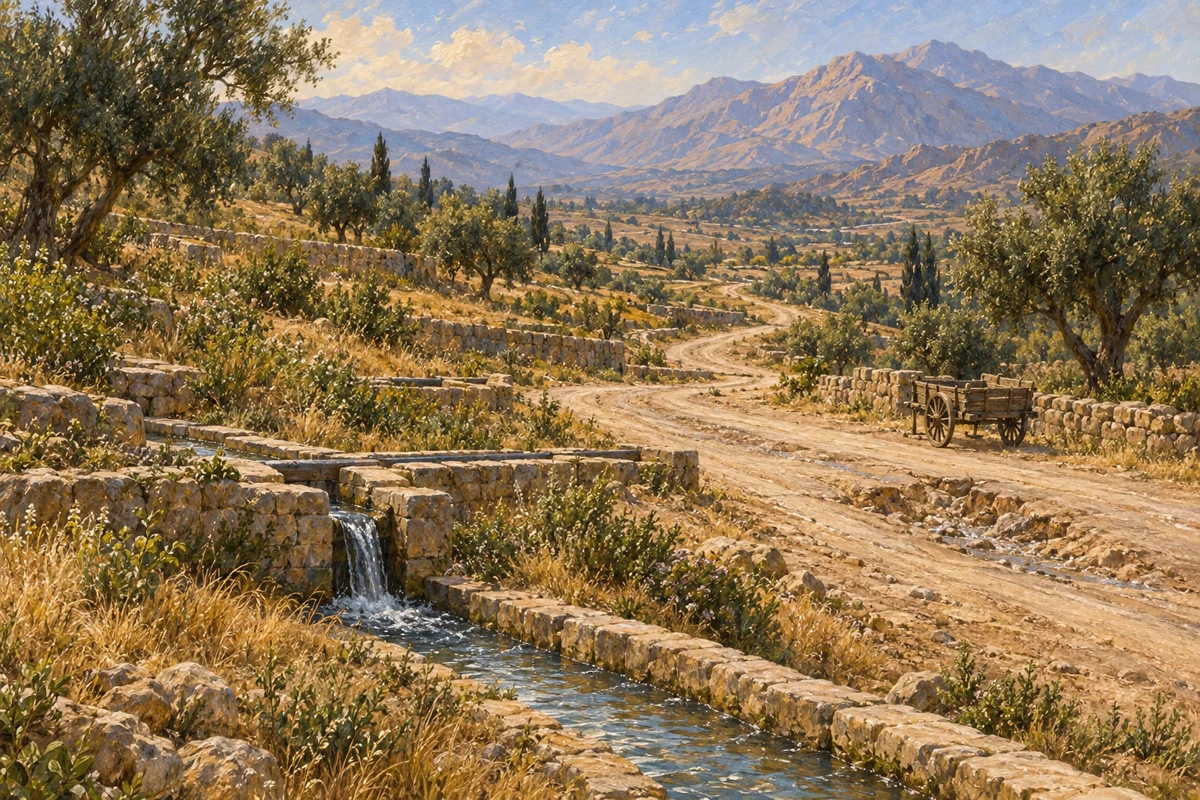 Ein Weg durch Kalandra mit steinernen Rinnen für Bergwasser