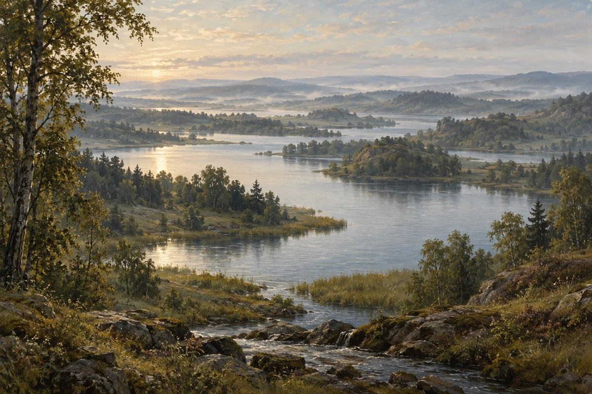 Malerische Landschaft des Seenlands mit Seen und Wasserläufen